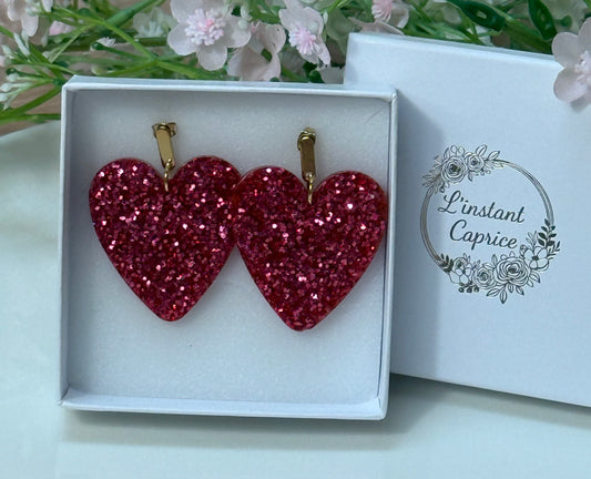 Boucle Maxi Coeur Résine et Paillette