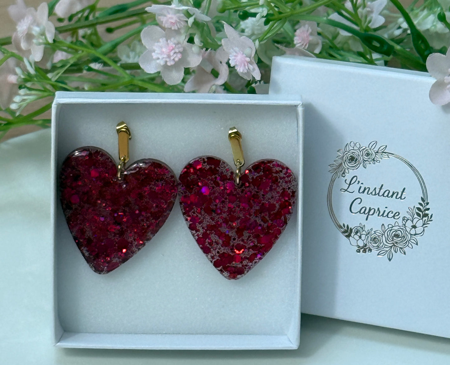 Boucle Maxi Coeur Résine et Paillette