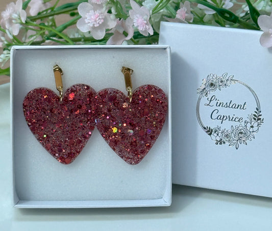 Boucle Maxi Coeur Résine et Paillette