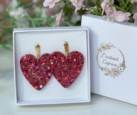Boucle Maxi Coeur Résine et Paillette