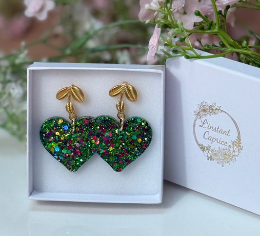 Boucle Maxi Coeur Résine et Paillette
